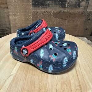 Crocs Kids Lined Clogs Rockets Planes Navy Blue Red Fleece Size C7 Toddler